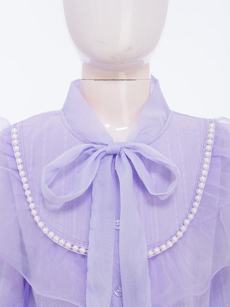 Mädchen Elegante Knopfbluse Schnürkragen Künstliche Perlen Tüllrüschen Langarmhemd