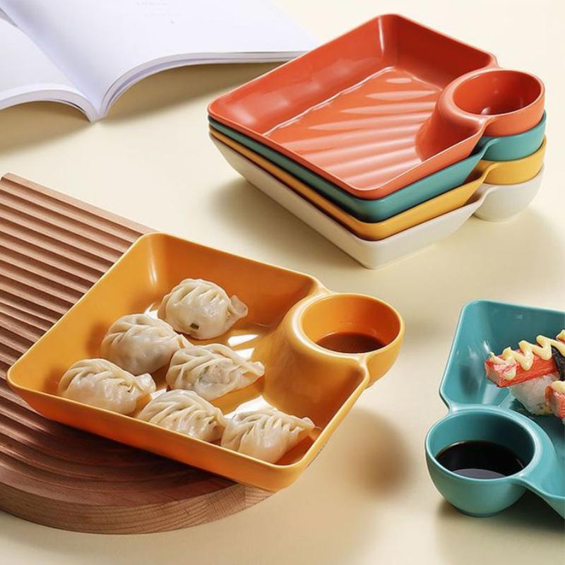 Multi-Purpose Dumpling Plate With Vinegar Plate Snack Dish 2-Grid Spices Dish Dumplings Dessert French Fries Ketchup Holder