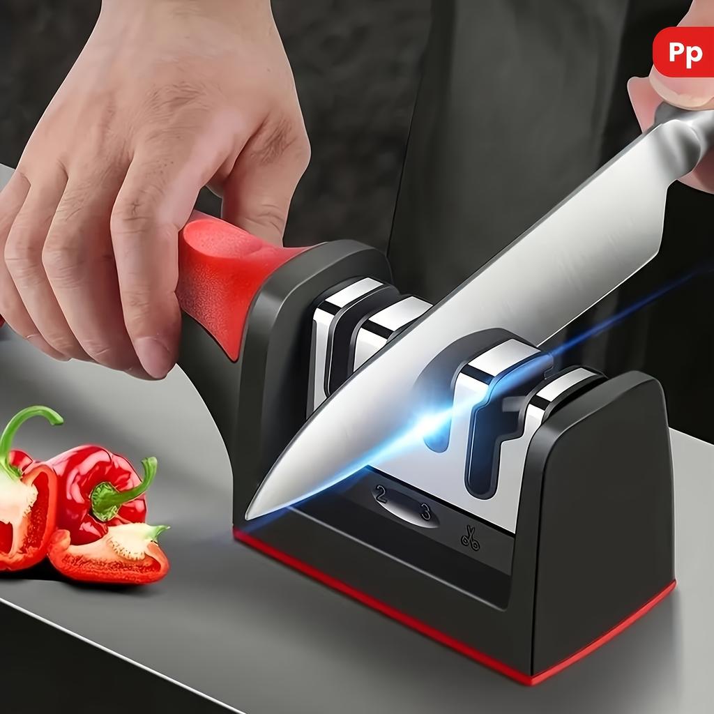 Knife Sharpener 4-in-1 Blade Stainless Steel Sharpener and Scissors Sharpener Anti Slip Handle Professional Knife Sharpener