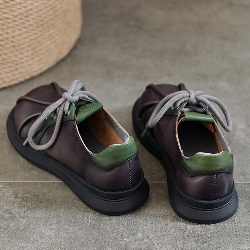 Johnature Flache Retro-Schuhe aus echtem Leder mit runder Spitze, einfarbig, vielseitige Schnür-Damenschuhe