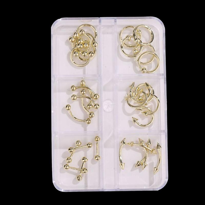 30 ks/krabička Černá/stříbrná slitina kovu ozdoby na nehty dekorace DIY 6 mřížek smíšené cool Y2K punkové doplňky pro nail art manikúra