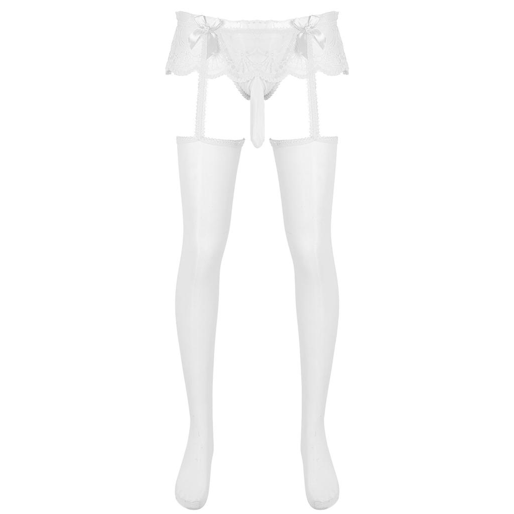 Mens Exotic Sheer Lace Briefs with Stocks Cutout Pantyhose Bulge Pouch G-Strings Glossy Garters Leggings Sissy Nightwears Party