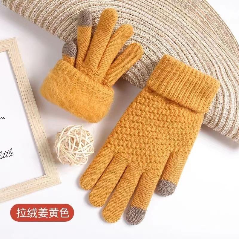 Winter Gloves Winter Girl Thickened Five-finger Student Cute Knitted Cold-proof Riding Touch Screen Warm Cycling Gloves