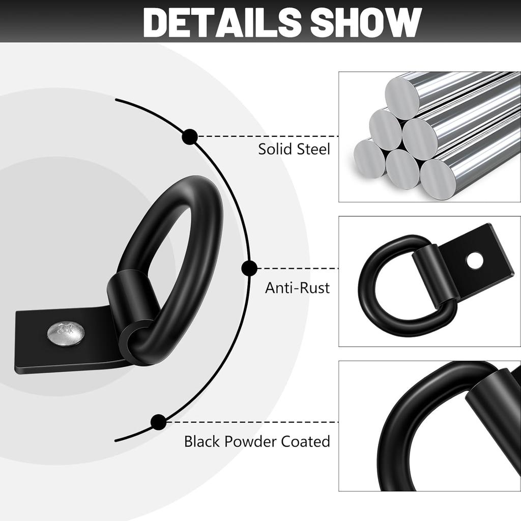 Garini Black D Ring Tie Down Anchors,6Pcs Heavy Duty D Ring With Screws,Surface Mount Hooks Securing Cargo For Trailer, Truck Bed Or Deliveries