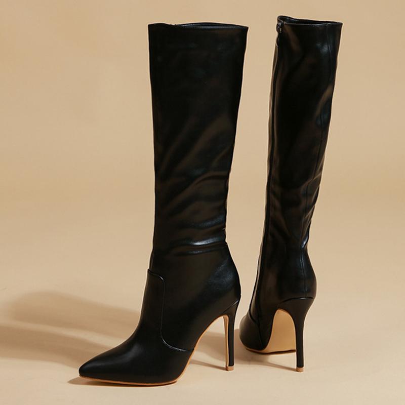 Fashion 2025 NEW Spring Red Leather Long Boots Women Fashion Design Pointed Toe Zip Thin High Heels Shoes Ladies Cool Knight Bootties