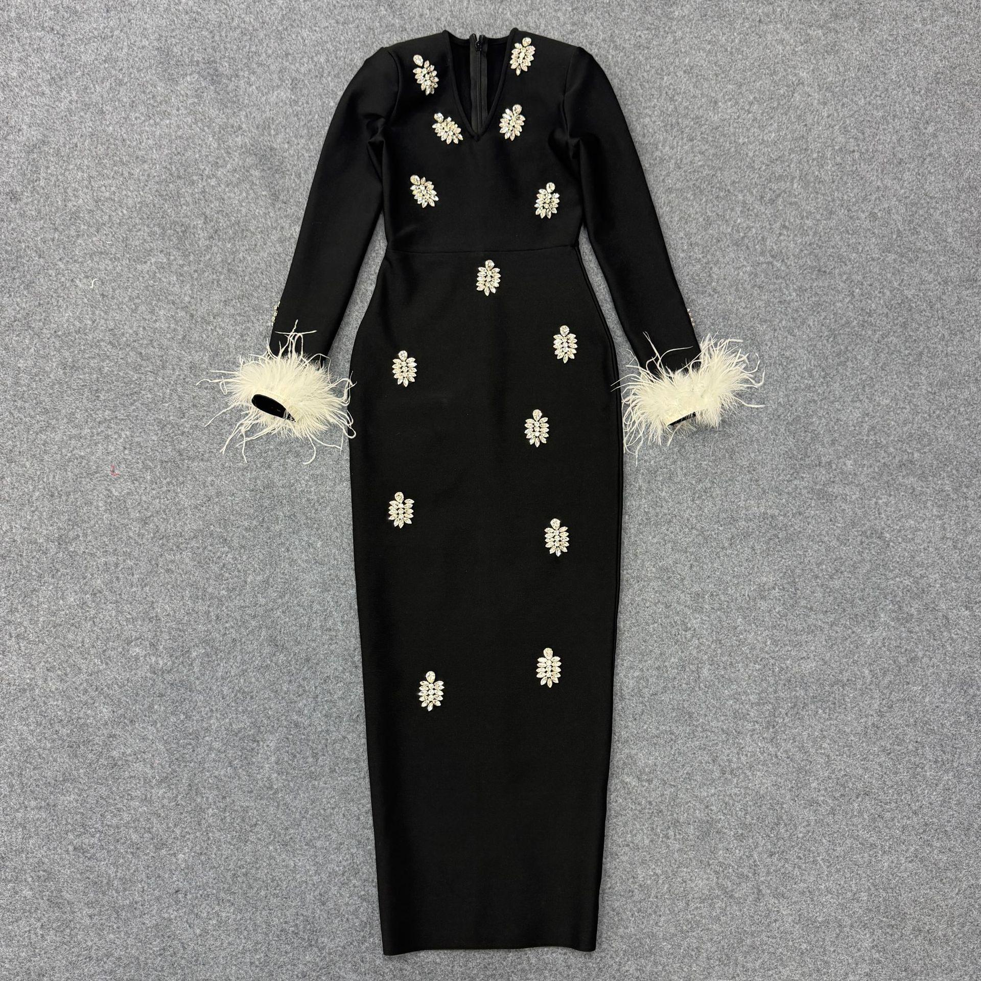 Elegant European & American V-Neck Rhinestone Feather Bandage Evening Gown Small чёрный