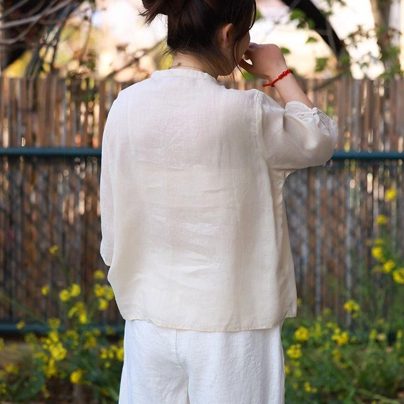 Blusa de Lino y Algodón para Mujer, Estilo Chino, Botón de Rana, Bordado Floral, Manga Tres Cuartos