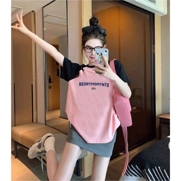 Frühlings- und Sommer-Neuheit T-Shirt aus reiner Baumwolle in großer Ausführung für Damen, lockeres lässiges Design, Raglanärmel, kurzärmeliges Oberteil