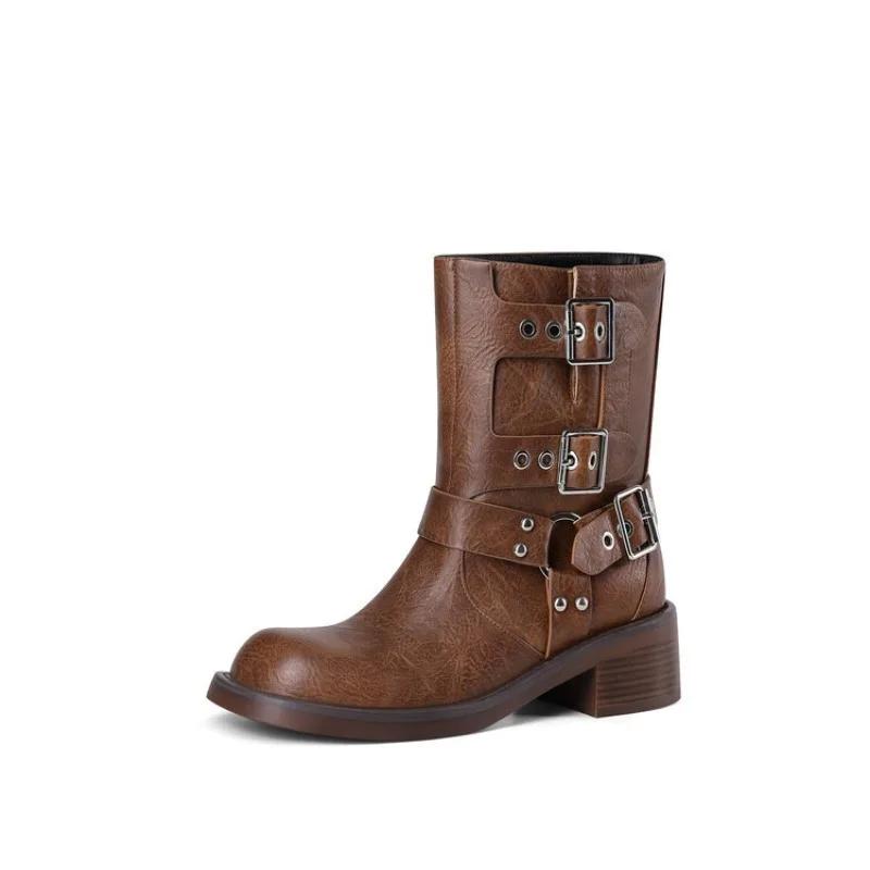 Fashion New Rivet Belt Buckle Black Brown Knee High Boots Autumn Winter Roundhead Punk Style Chelsea Women's Motorcycle Boots Size 36-43
