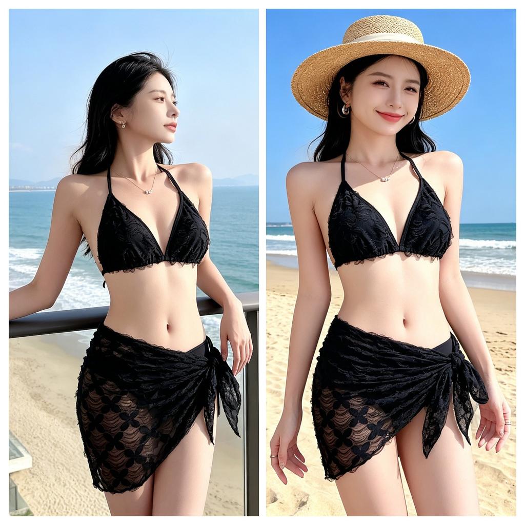 Summer New Bikini Three-piece Black Slim Triangle Towel Character Hot Girl Pure Desire Swimsuit Large Size MM