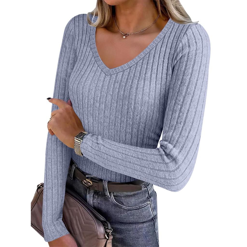 Women's Long Sleeve Knit V-Neck Pullover Top for Casual Daily Wear
