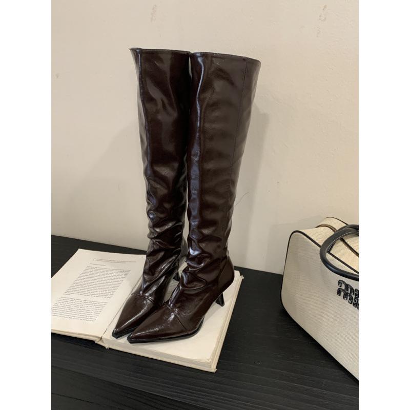 

2025 autumn and winter new pleated design black leather boots wear soft leather thin knight boots women 39 коричневий