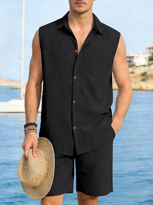 Men's European and American Linen Casual Short-Sleeve Button-Down Shirt & Vest Shorts Set