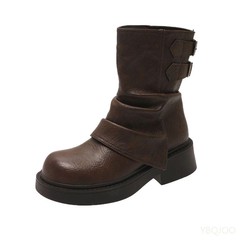 Retro Women's Pleated Thick Soled Short Boots Simple Comfortable Versatile for Daily Casual Wear Women's Single Boots