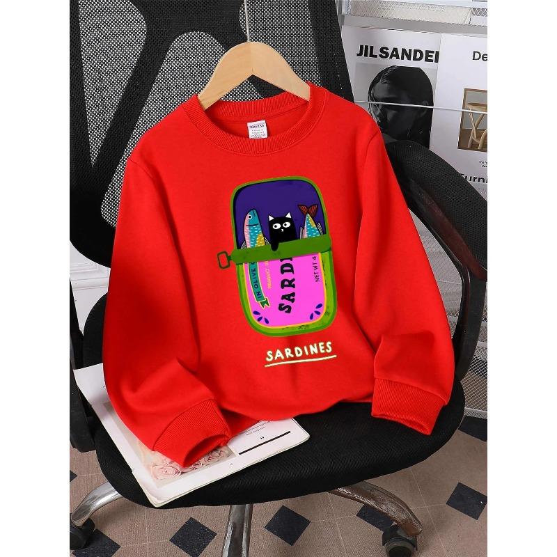 European sizes Hoodie for Kids with a Round Neck - Sardines in Olive Oil Featuring a Cat, Perfect for Sports And Casual Outings, Soft And Comfy