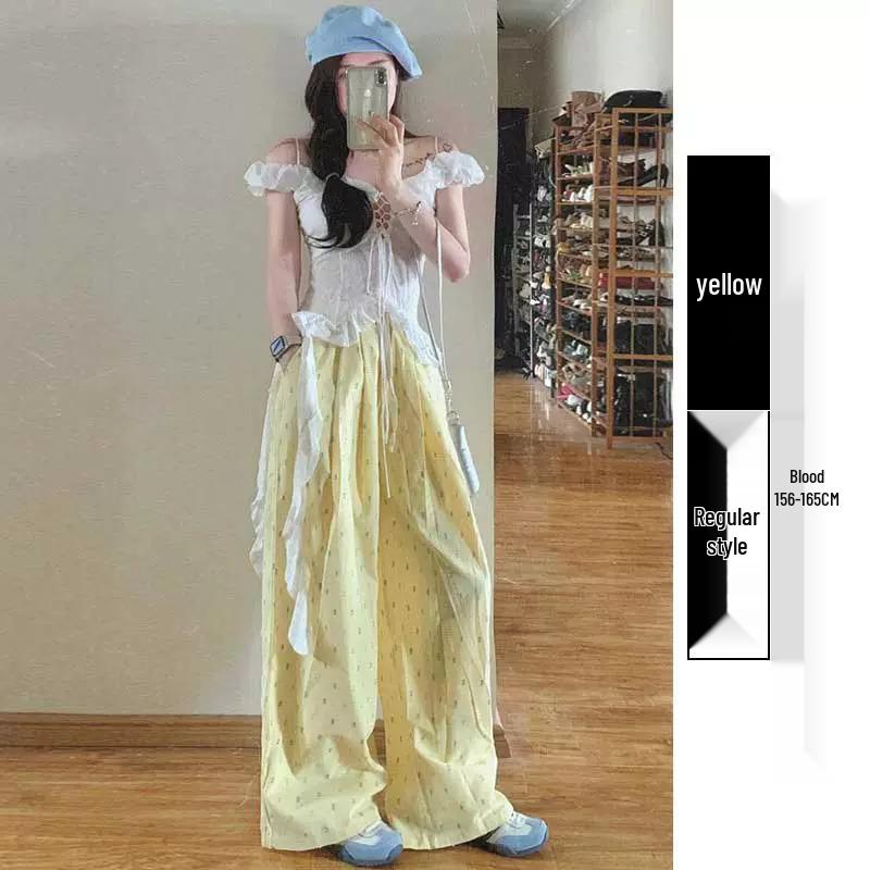 

Женские маленькие желтые брюки в горошек с высокой талией, свободные, с прямыми штанинами, повседневные - Летний наряд 2XL (126-145 jin)