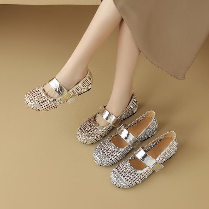 2025 Summer New Woven Cowhide Fashion Breathable Hole Shoes with Silver Inner Height Increase Sandals Women's 40