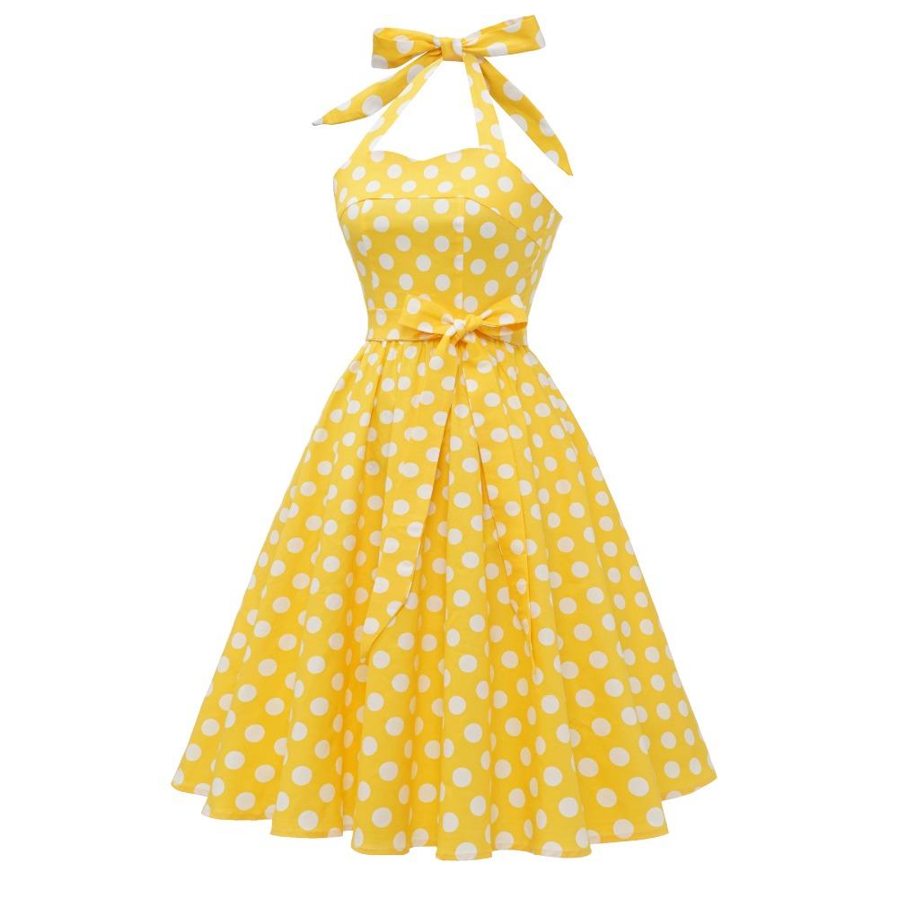 Vintage blue polka-dot lace-up halter-neck flared ball gown – elegant performance dress for the annual party