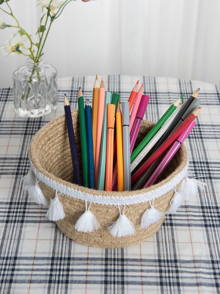 Vintage Aufbewahrungskorb aus Jute, gewebt, nordisch, mit Baumwollgarnquasten, Sortierbox, gewebter Aufbewahrungsbehälter für Wohnzimmerdekoration