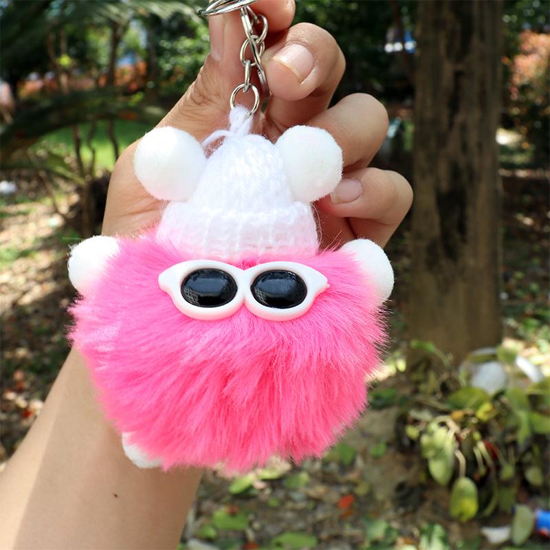 Faux Fur Plush Ball Keychain Ornament - Cartoon Doll Design