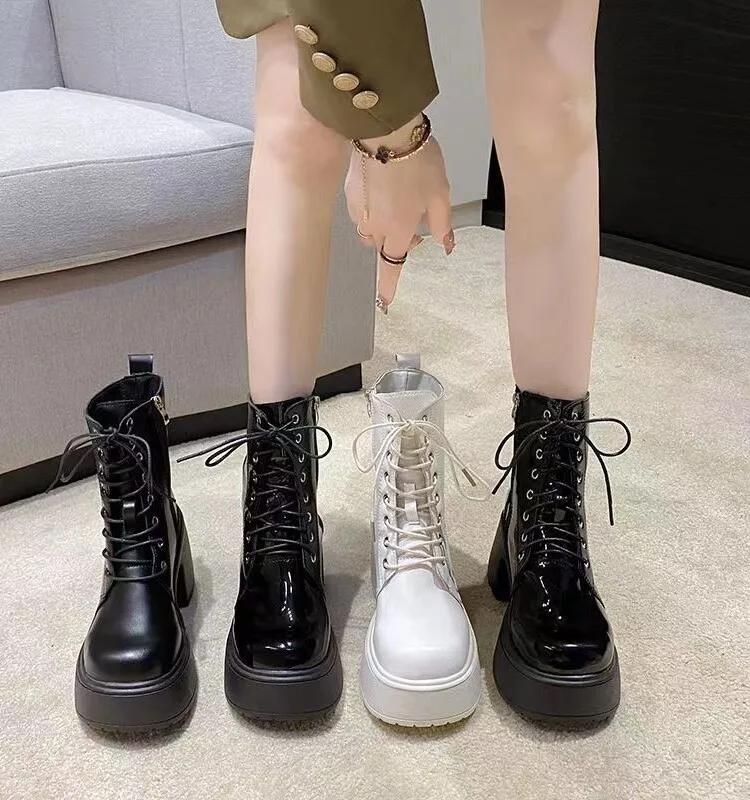 Fashion Round Toe Thi Heel  Boots Women's High Heel Waterproof Platform Ort Boots Small Size Retro White Soft Leather Boots