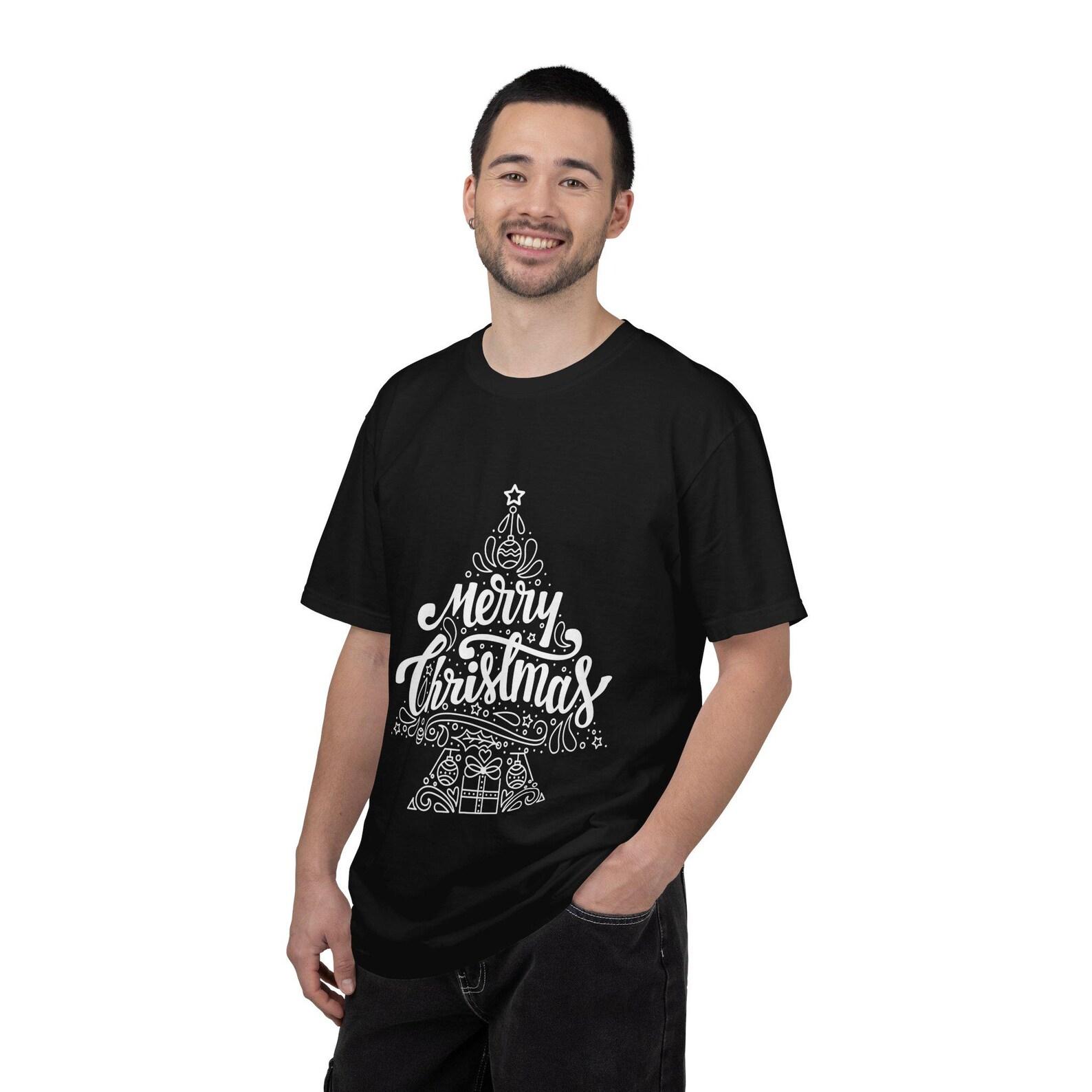 Merry Christmas Tree Handlettered Script T-shirt | Blue Holiday Tee S