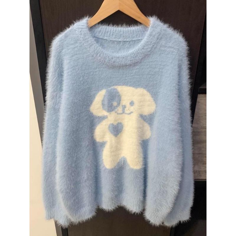 Korean Soft Waxy Puppy Jacquard Women Autumn Winter College Loose Lazy Pullover Sweater