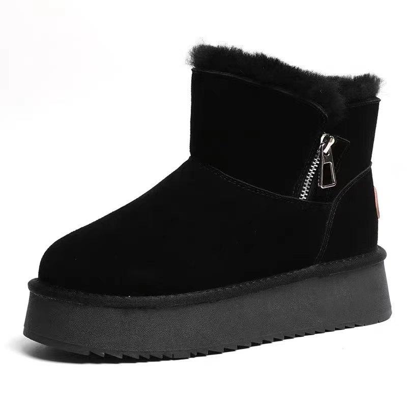 Fleece snow boots women's new winter leather short boots fleece thickened versatile inner heightening platform cotton shoes women