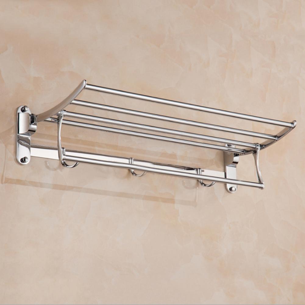 Bathroom Stainless Steel Wall Mounted Folding Towel Rack Storage Holder Shelf with 3 Hooks