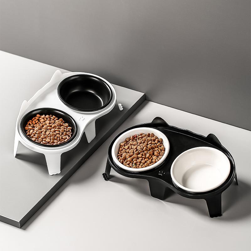 Kitten Double Ceramic Feeder Bowl Pet Water and Food Bowl Dish with Wood Stand No Spill Pet Ceramic Double Bowl for Dog Cat