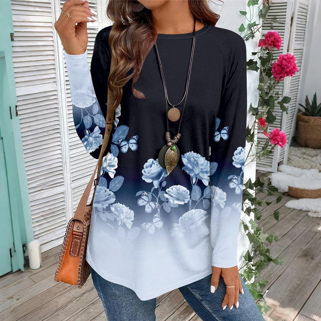 Women's Casual Plus SizeLong Sleeved Round Neck Vintage Ethnic Printing T-shirt Top Pullover