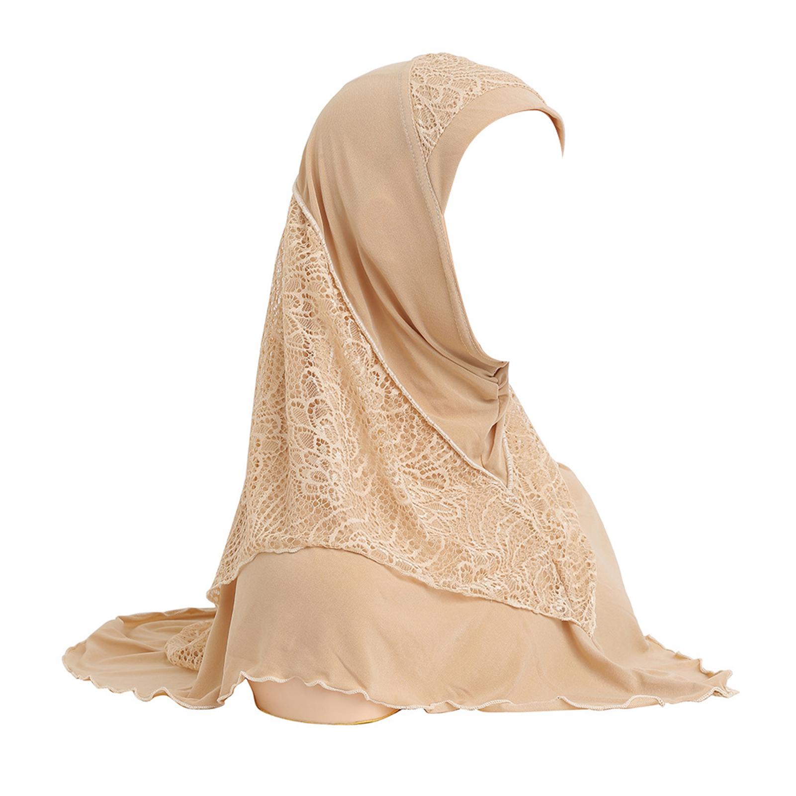 

Женская цельная кружевная мусульманская шапка-хиджаб с кружевом, однотонный предварительно завязанный кружевной шарф, шаль, дышащий, удобный головной убор для женщин и девочек 65x60cm бежевый
