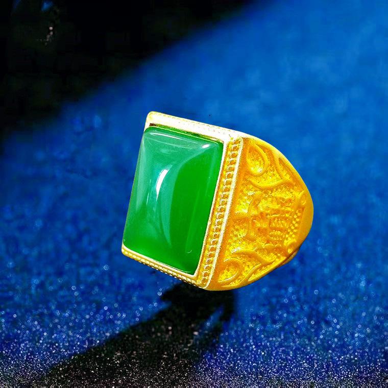 Ethnic Hollow Imitation Green Agate Men Adjustable Ring