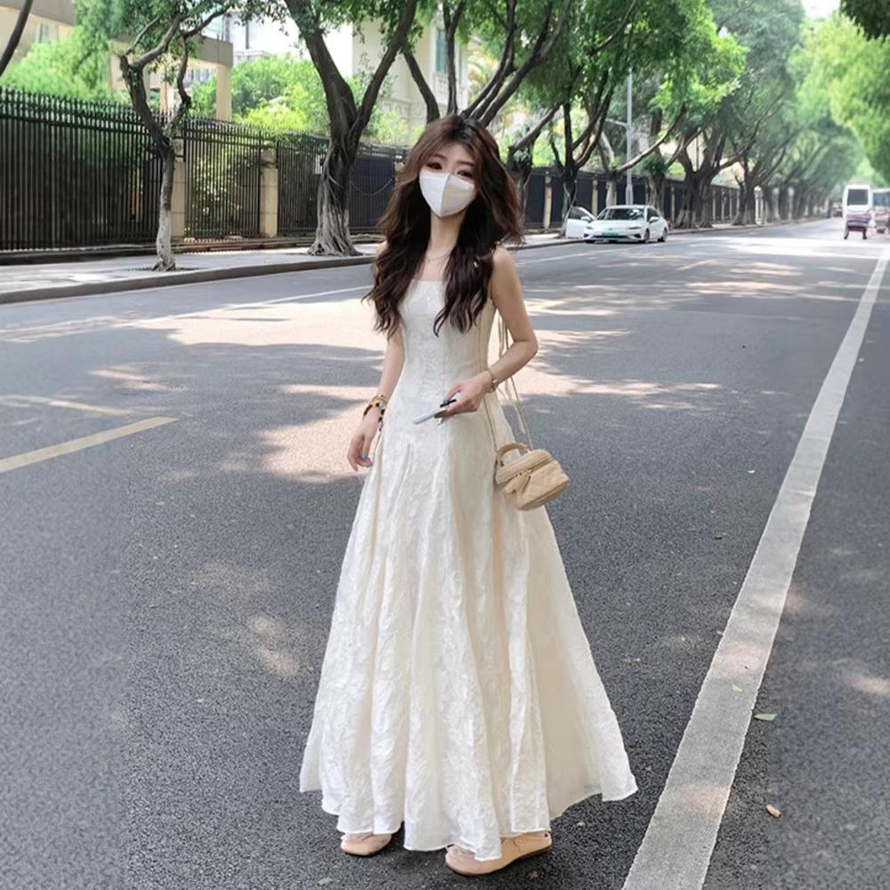 New Chinese Beige Suspender Dress Women's Summer New Small Seaside Vacation Ruffle Leaf Edge Dress