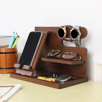 27.8*19.6*6.1cm1ks Dřevěný noční stolek pod telefon, Klíče a hodiny a brýle a peněženka Multifunkční úložná stanice Stojan Držák, dárek k narozeninám pro muže.