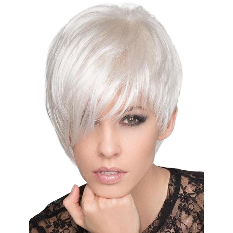 European and American Style Women’s Short Straight White Wig with Side-Parted Long Bangs Unique Fashion Full Wig
