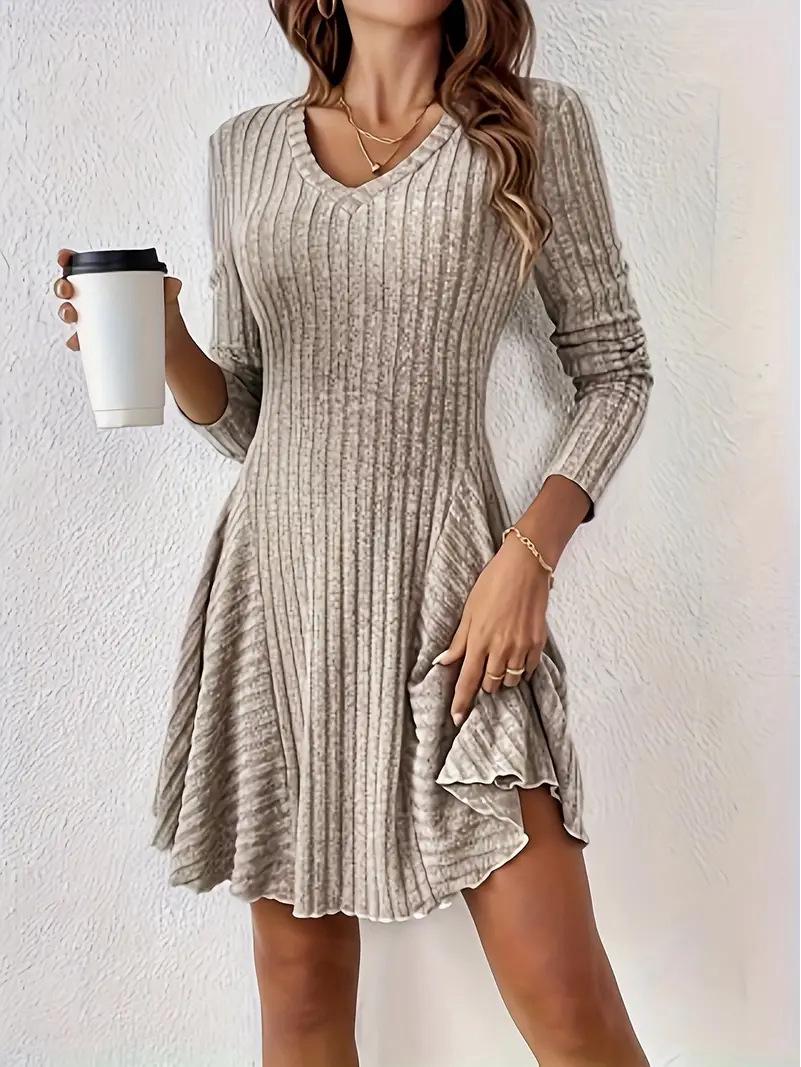 

Elegant European & American V-neck Knit Mini Dress - Women s A-line Long Sleeve Outfit, 2025 Collection L