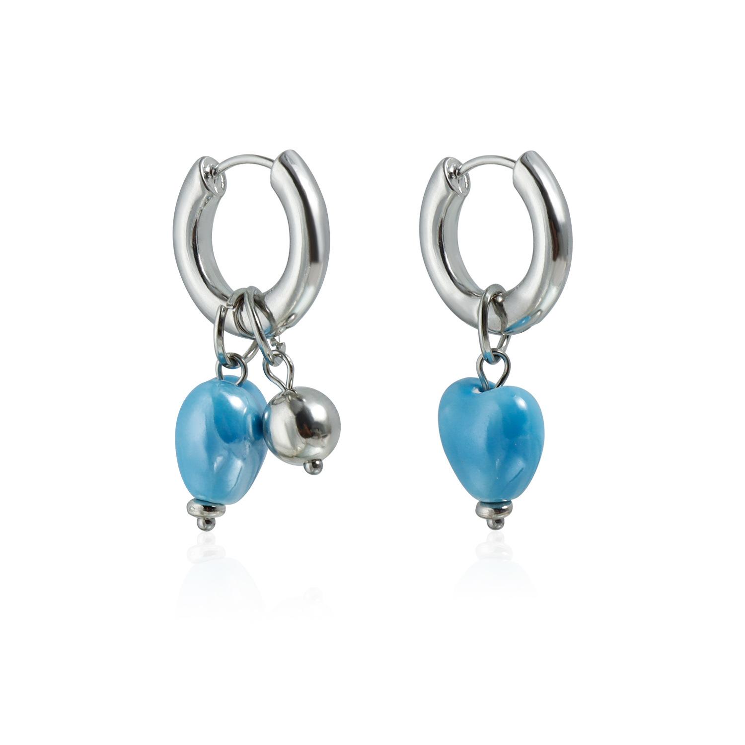 Vintage Personality Imitation Pearl Blue Color Ceramic Flower Drop Earrings for Women Asymmetric Two Wears Wedding Party Jewelry