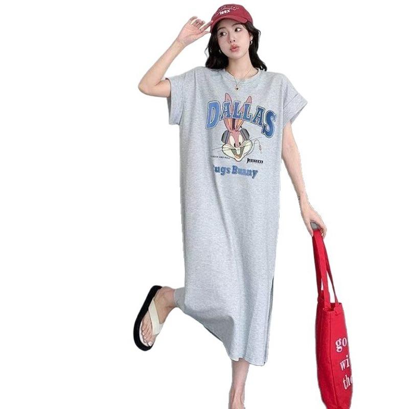 Cartoon Retro Slimming Sporty Dress for Summer. Comfortable and Loose-fitting Fashionable T-shirt Dress.