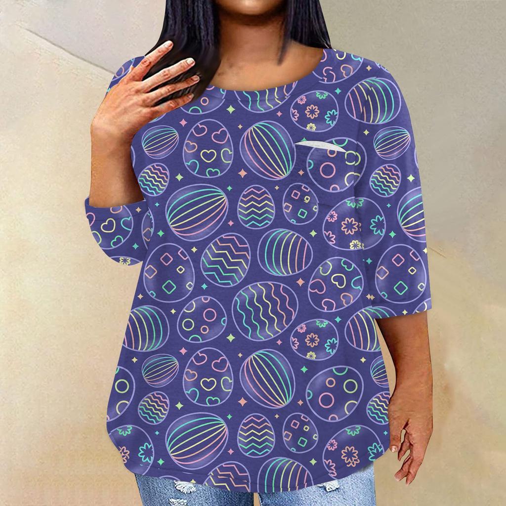 Damski modny, swobodny sweter z okrągłym dekoltem i nadrukiem, z rękawami 3/4 i rękawem 4/3