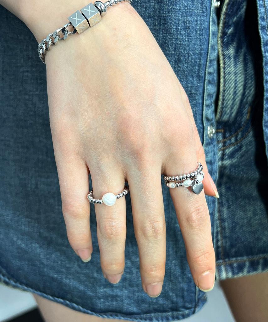 Ssy [3Set] Heart & Pearl Bead Ring