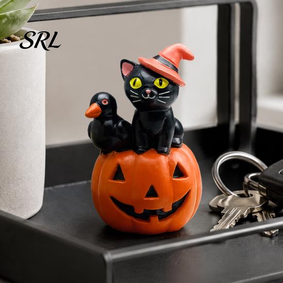 Halloween Decorative Ornaments Cat Pumpkin Figurine, Retro Black Stacked Resin Decorations Unique Holiday Gifts for Table Desk Office Mantel