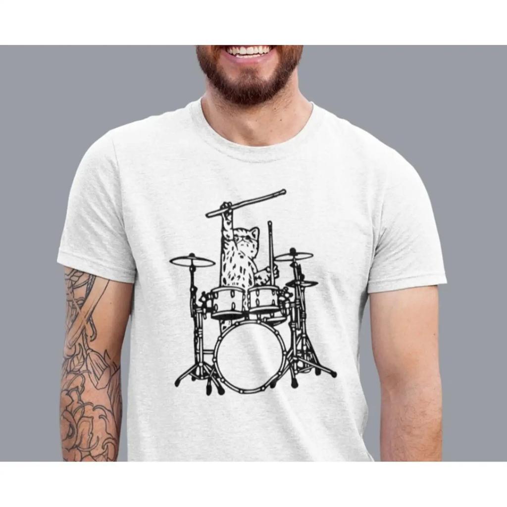 SE Katze Spielt Schlagzeug MNner T Shirt Drummer Tierliebhaber Geschenk Vintage Casual Unisex Comfortable
