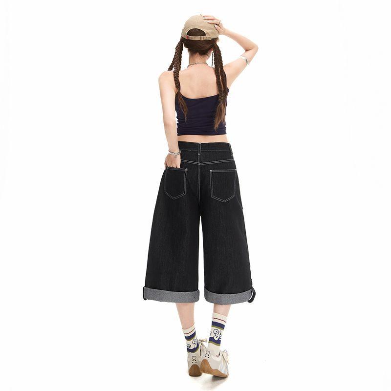 Trendy Summer Oversized Raw Black Denim Cropped Capri Shorts For Women Casual Wide Leg Loose Fit Versatile Slimming FigureFlattering Daily Wear
