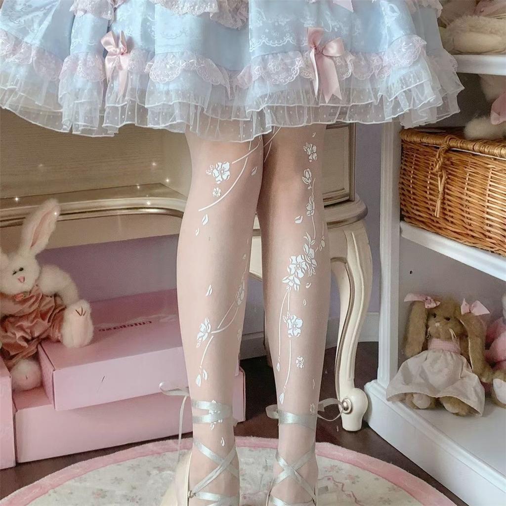Printed Flower Stockings French Retro Lolita White Pantyhose Thin Dreamy Atmosphere Jacquard Bottoming Socks
