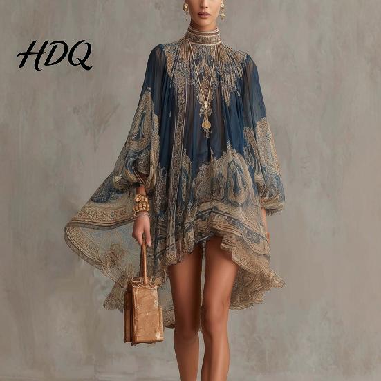 Lightweight Summer Dress Boho Floral Print High Neck Irregular Chiffon Mini