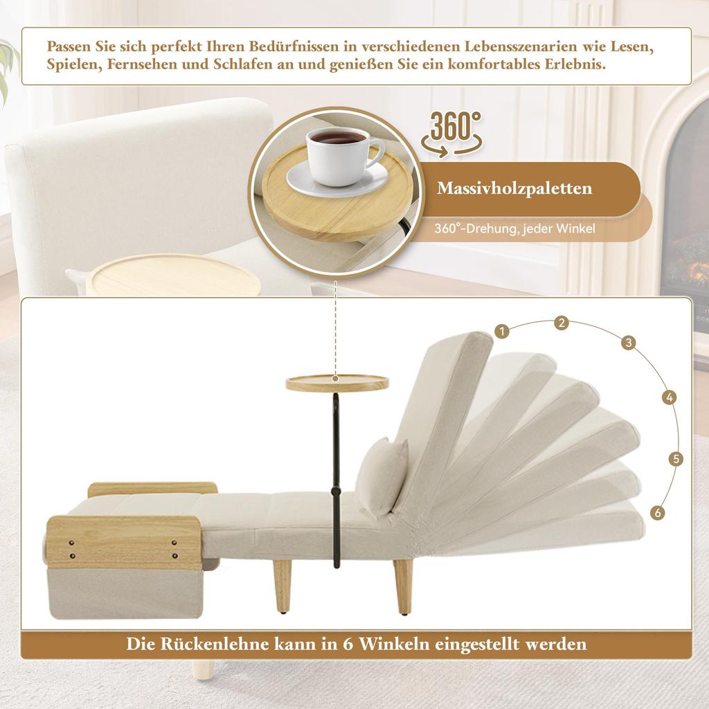 Fotel rozkładany Flieks, 3 w 1 fotel rozkładany z funkcją łóżka, Regulowane oparcie, Drewniana taca, Poduszka, Beżowy