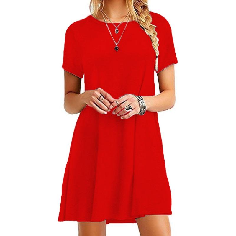 YYFS Women's Fashion Summer Spring Solid Color Print Short Sleeve O-Neck Loose Waistlinet Casual Dresses