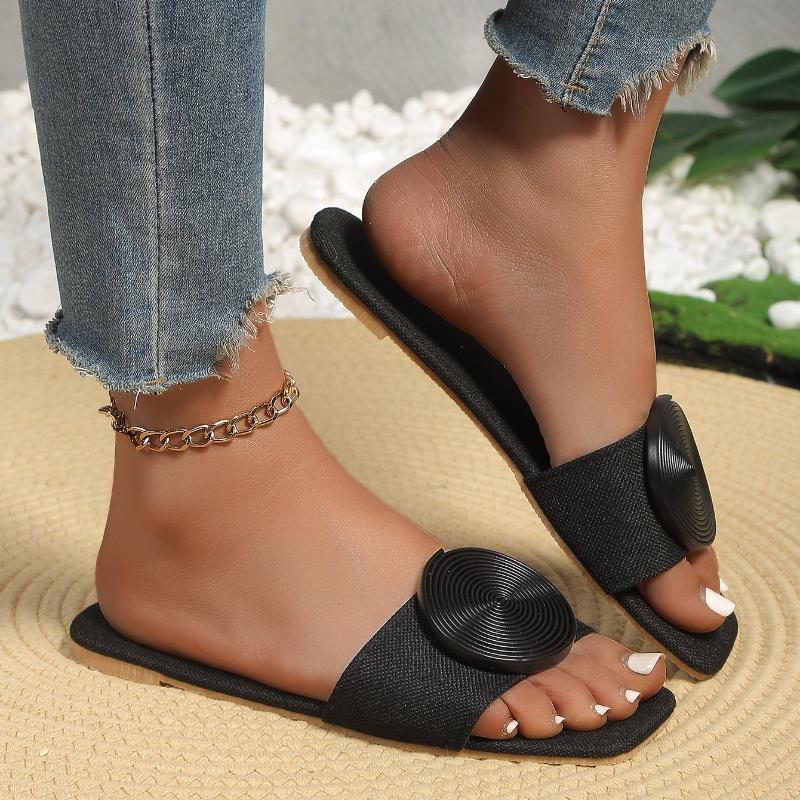 

Модные женские тапочки 2025 Новые летние плоские сандалии Круглая пряжка Однотонные балетки Женские повседневные шлепанцы Слайды Женская мода Пляжная обувь 35 чёрный