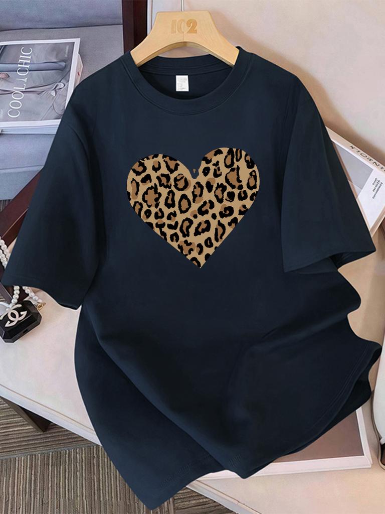 Summer Cotton TShirts Women Simple Leopard Print Heart Printing T Shirt ONeck Comfortable Loose Tops Street Womans Clothes